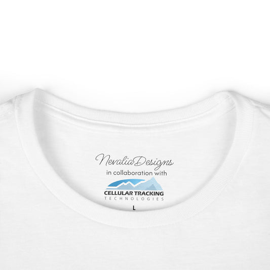 White t-shirt inner neck label with branding text and logos on a white background