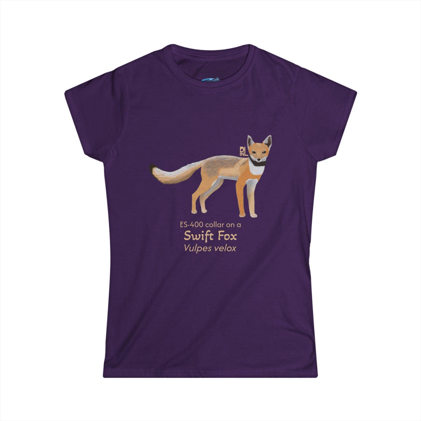 Dark Purple t-shirt with a swift fox illustration and text on a white background