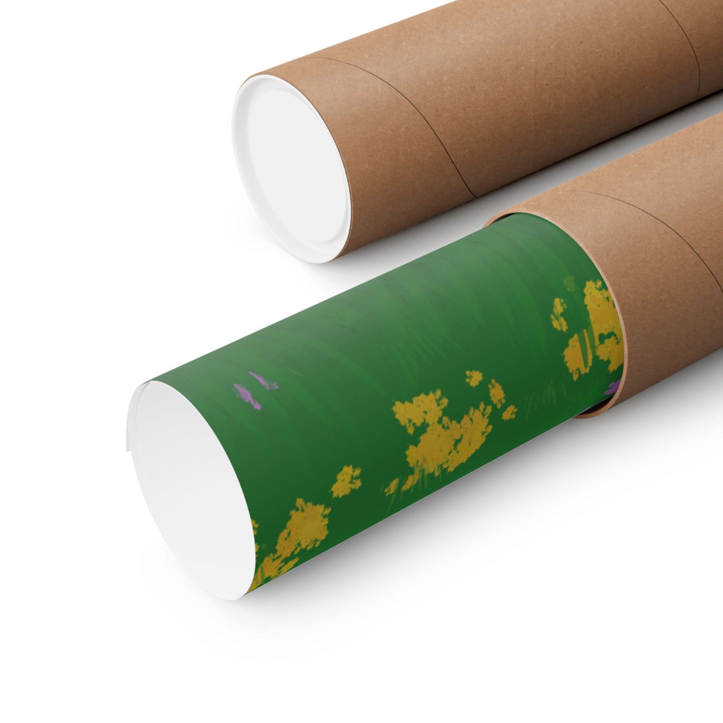 Two cardboard tubes, one a green with yellow poster and one empty, on a white background.