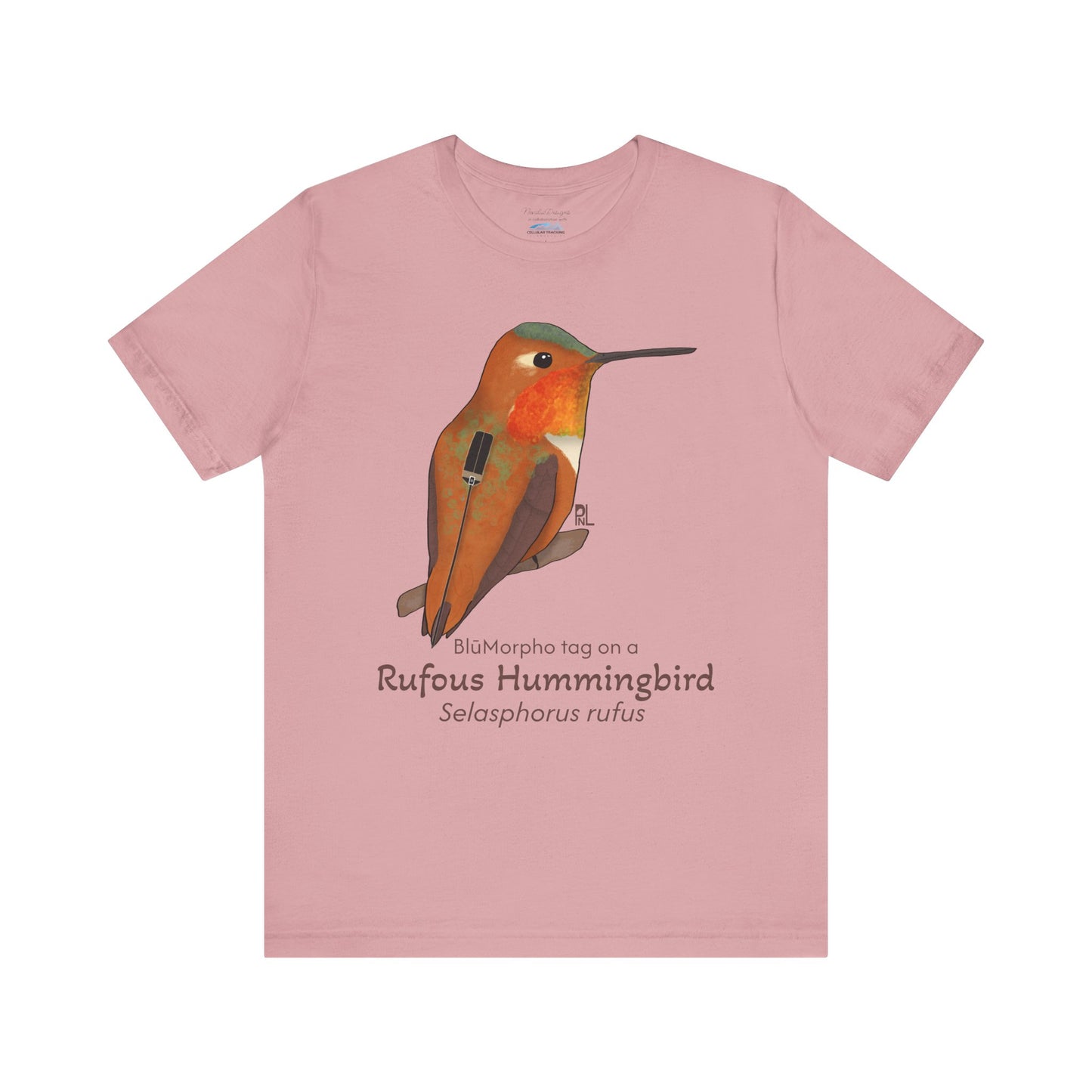 light Pink t-shirt with a Rufous Hummingbird illustration and text on a white background