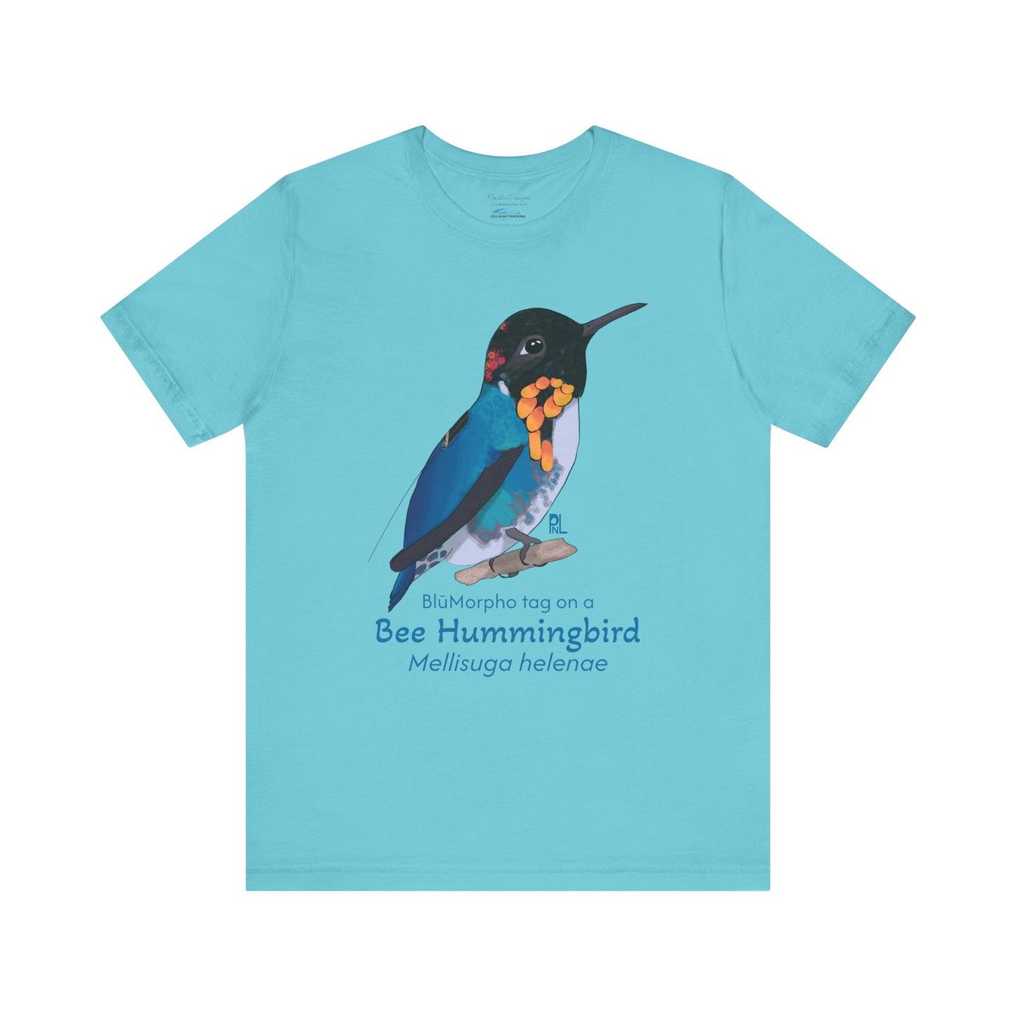 Turquoise t-shirt with a colorful bee hummingbird illustration and text on a white background