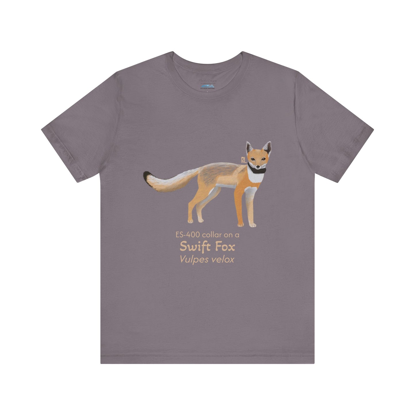 warm Gray t-shirt with a swift fox illustration and text on a white background