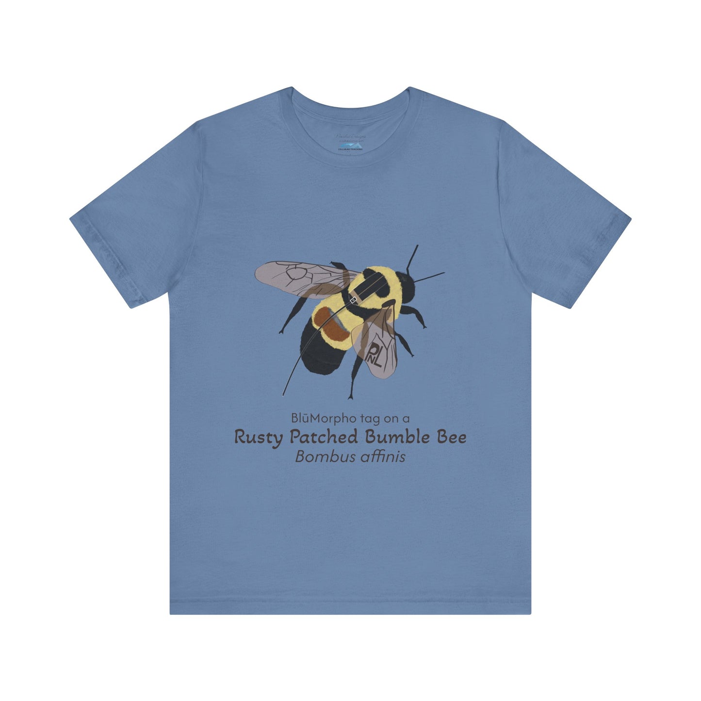 Blue t-shirt with a rusty patched bumble bee illustration and text on a white background