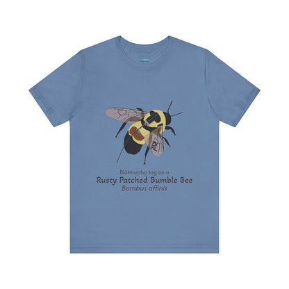 Blue t-shirt with a rusty patched bumble bee illustration and text on a white background