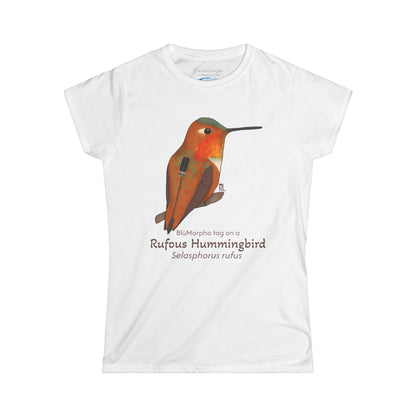 White t-shirt with a Rufous Hummingbird illustration and text on a white background