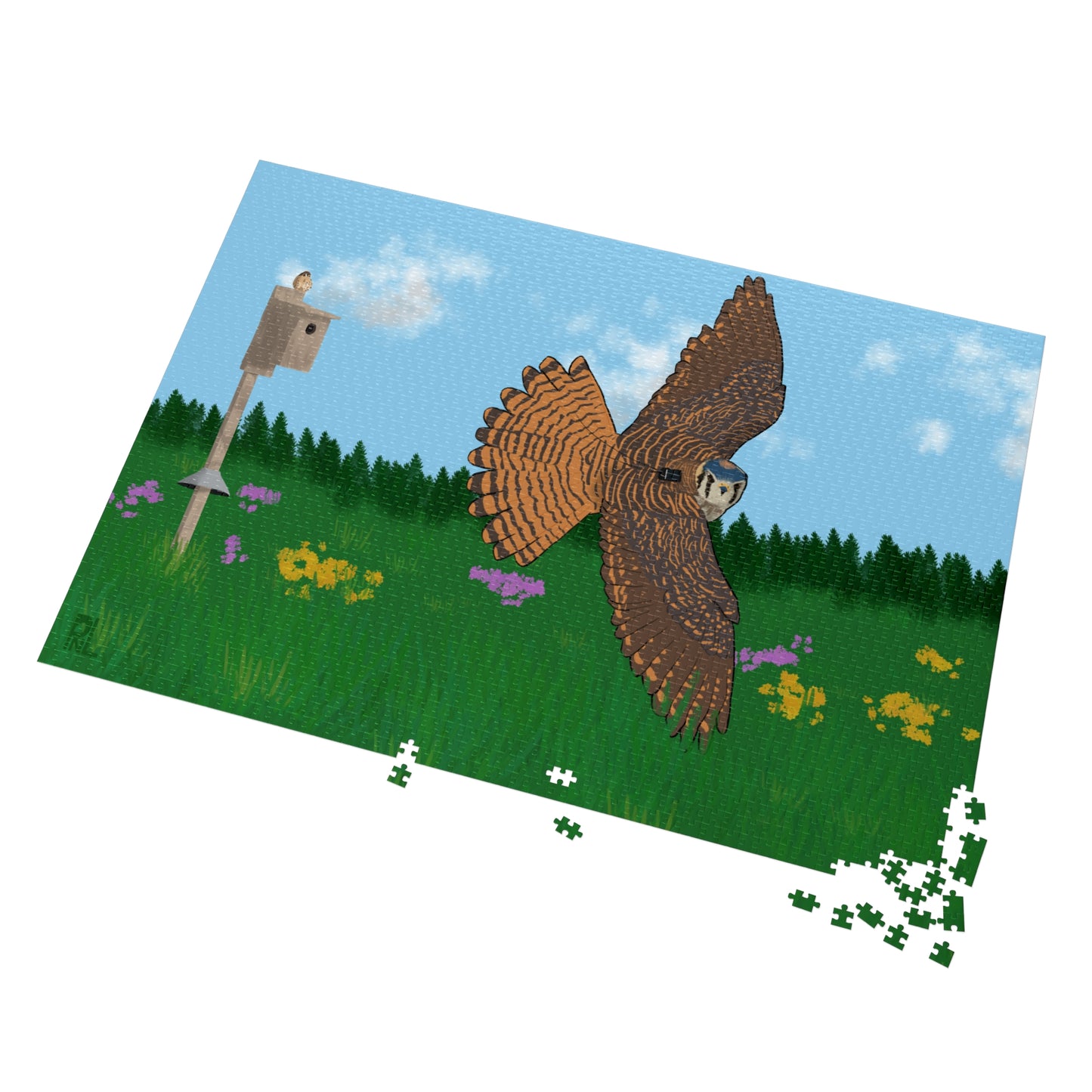 a very large Jigsaw puzzle with an American Kestrel flying over a field with flowers and a nest box with a blue sky and forest on white background