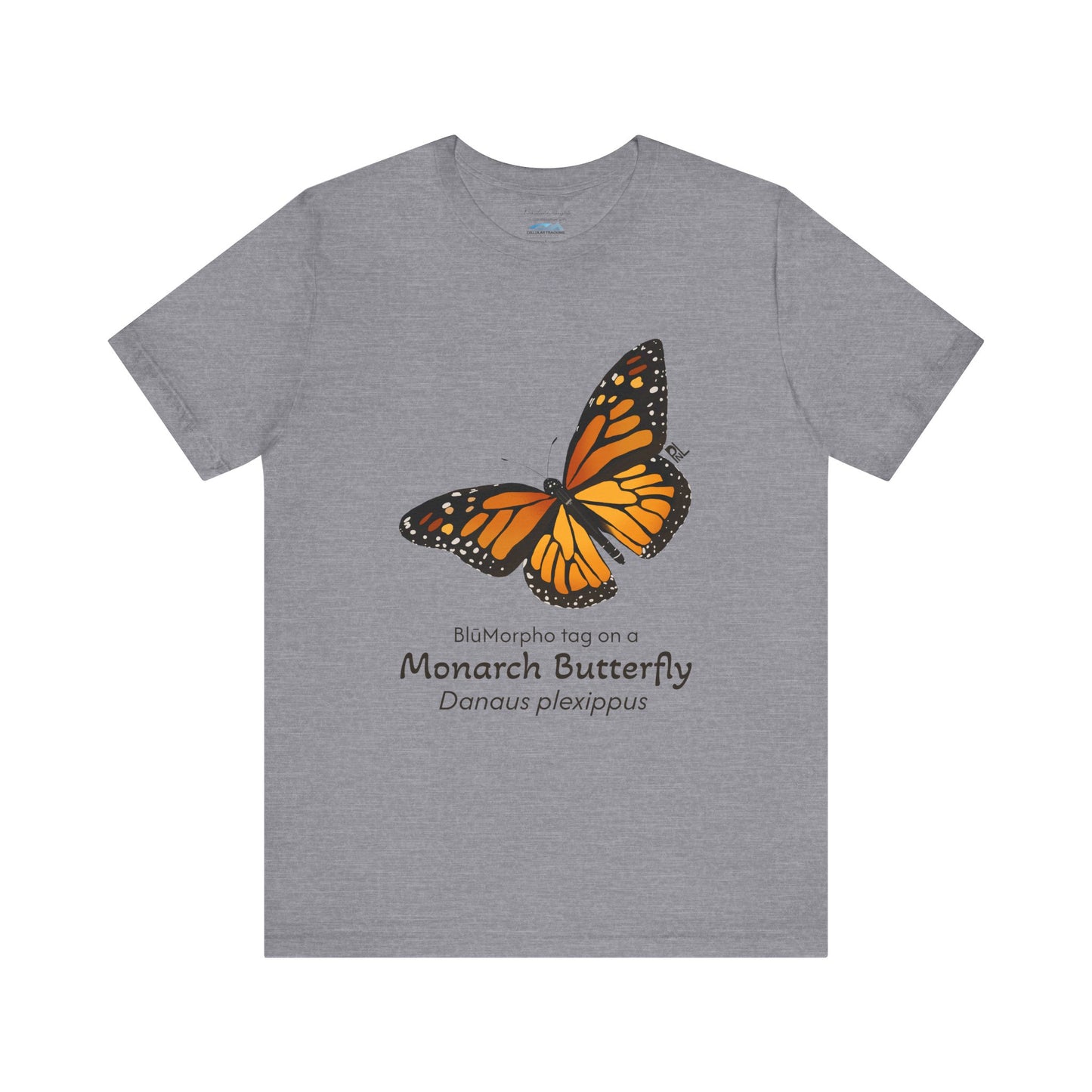 Gray t-shirt with a monarch butterfly illustration and text on a white background