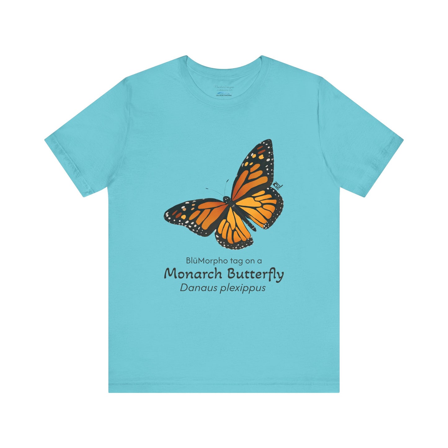 Turquoise t-shirt with a monarch butterfly illustration and text on a white background