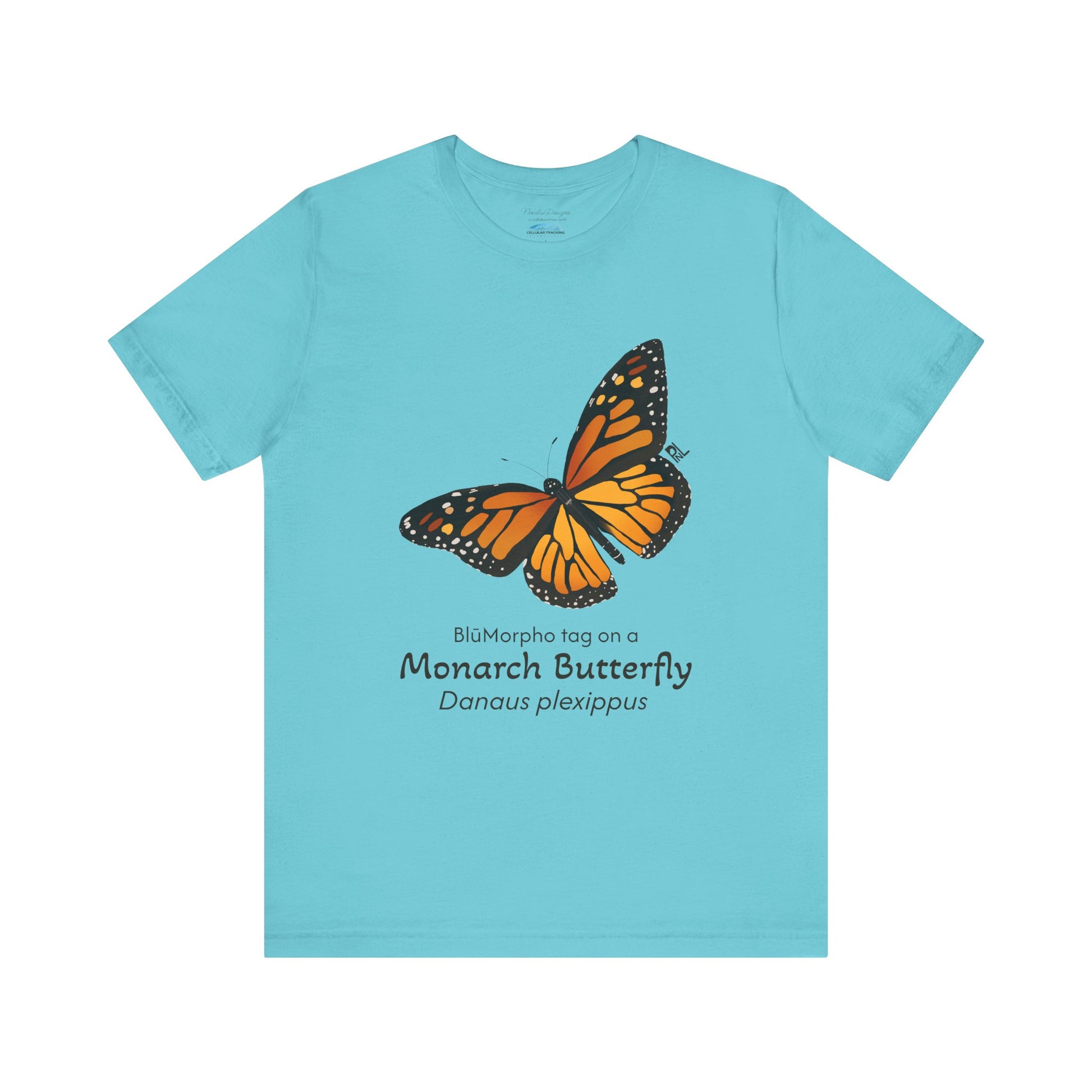 Turquoise t-shirt with a monarch butterfly illustration and text on a white background