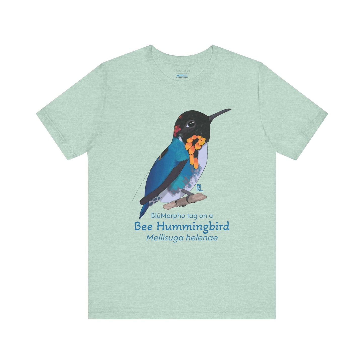 Light green t-shirt with a colorful bee hummingbird illustration and text on a white background