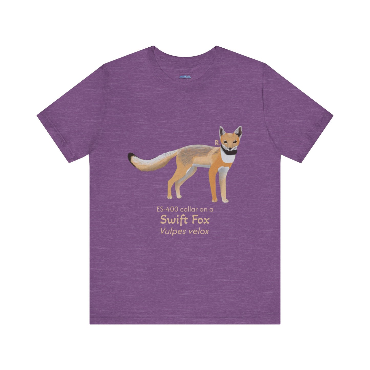 Purple t-shirt with a swift fox illustration and text on a white background