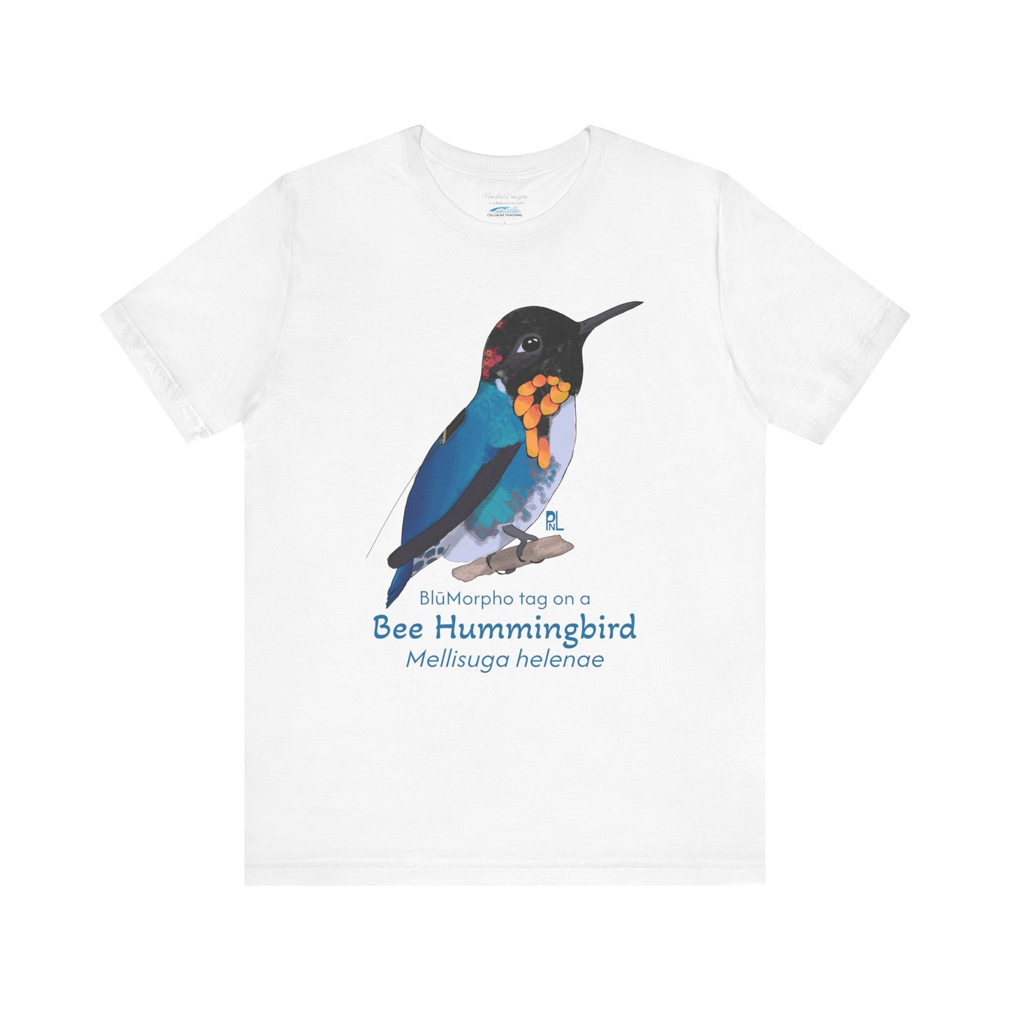 White t-shirt with a colorful bee hummingbird illustration and text on a white background