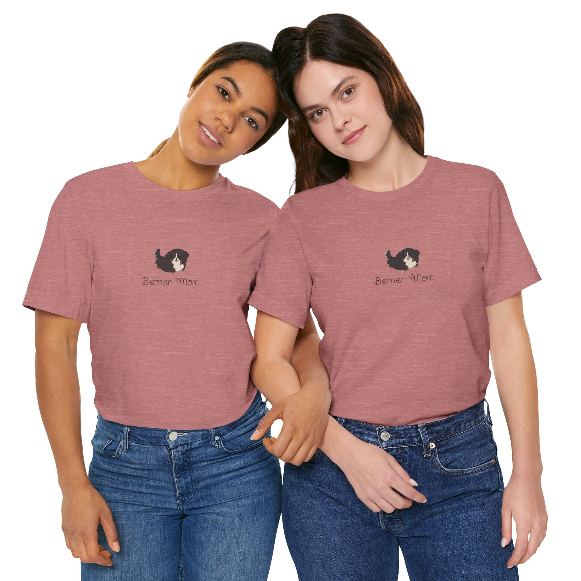 Two drak haired women wearing matching maroon t-shirts with a kawaii dog illustration and 'Berner Mom' text on a white background.