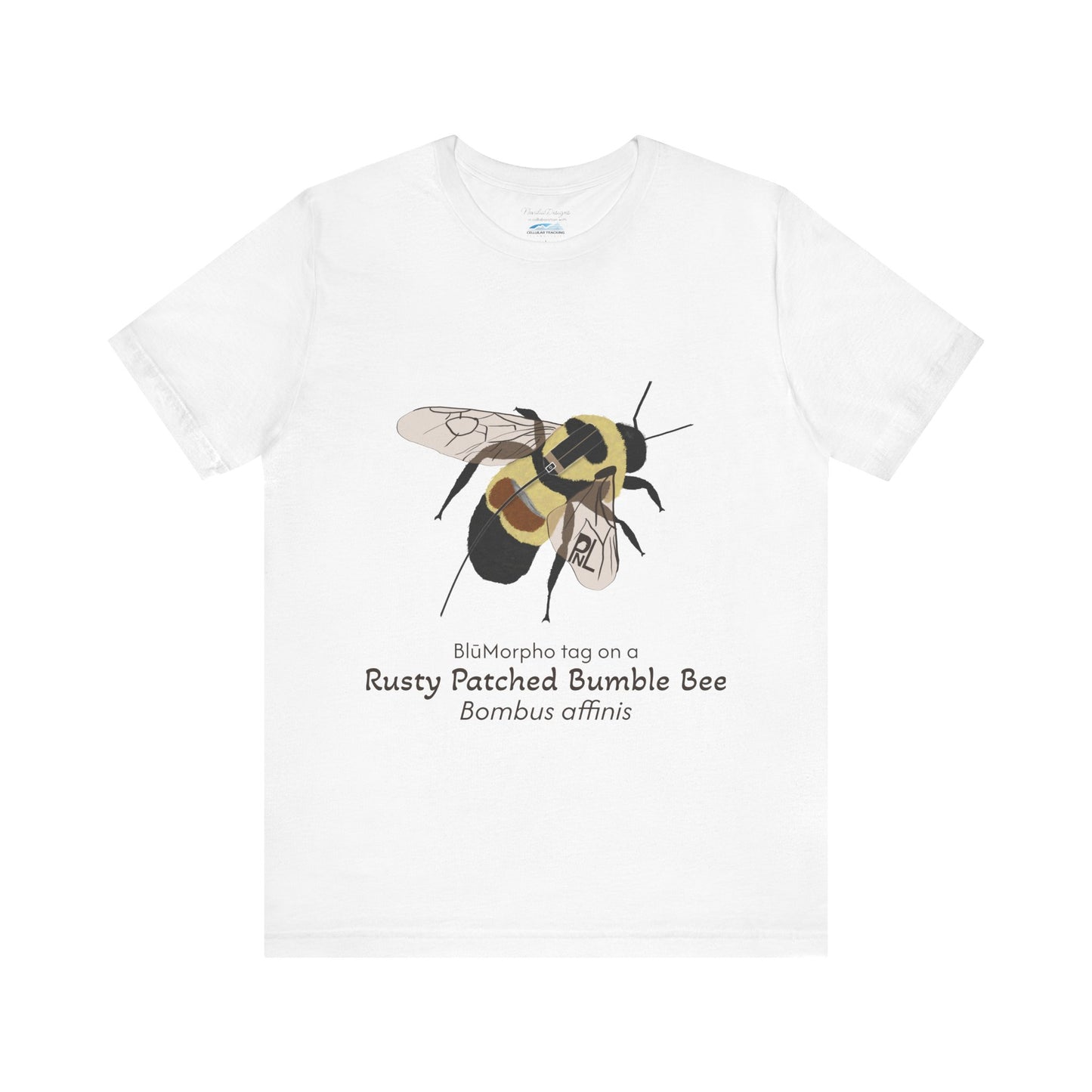 White t-shirt with a rusty patched bumble bee illustration and text on a white background