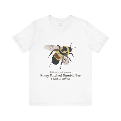 White t-shirt with a rusty patched bumble bee illustration and text on a white background