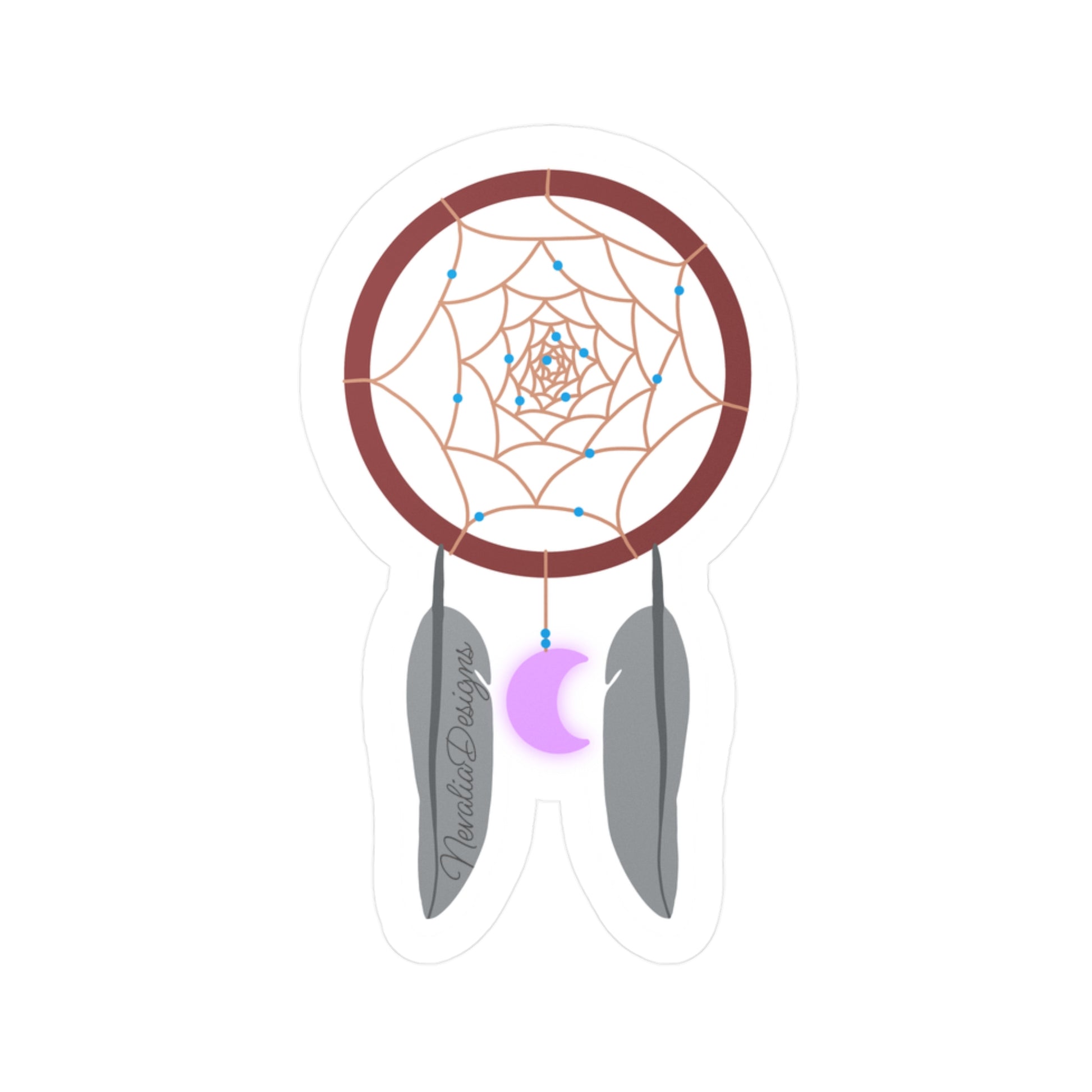 Dreamcatcher illustration with feathers and a purple crescent moon on a white background