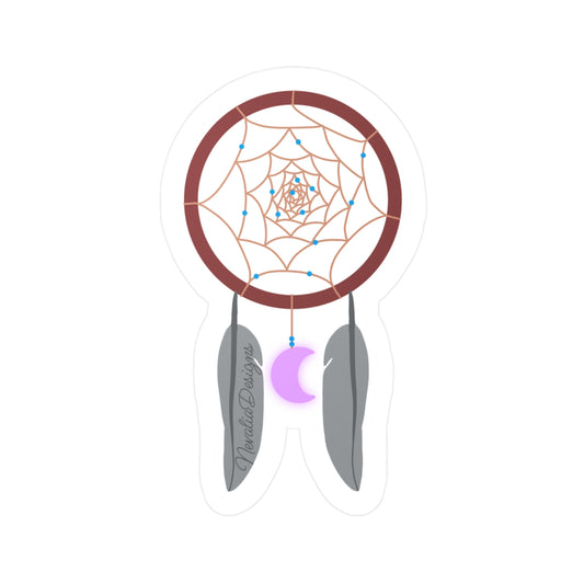 Dreamcatcher illustration with feathers and a purple crescent moon on a white background