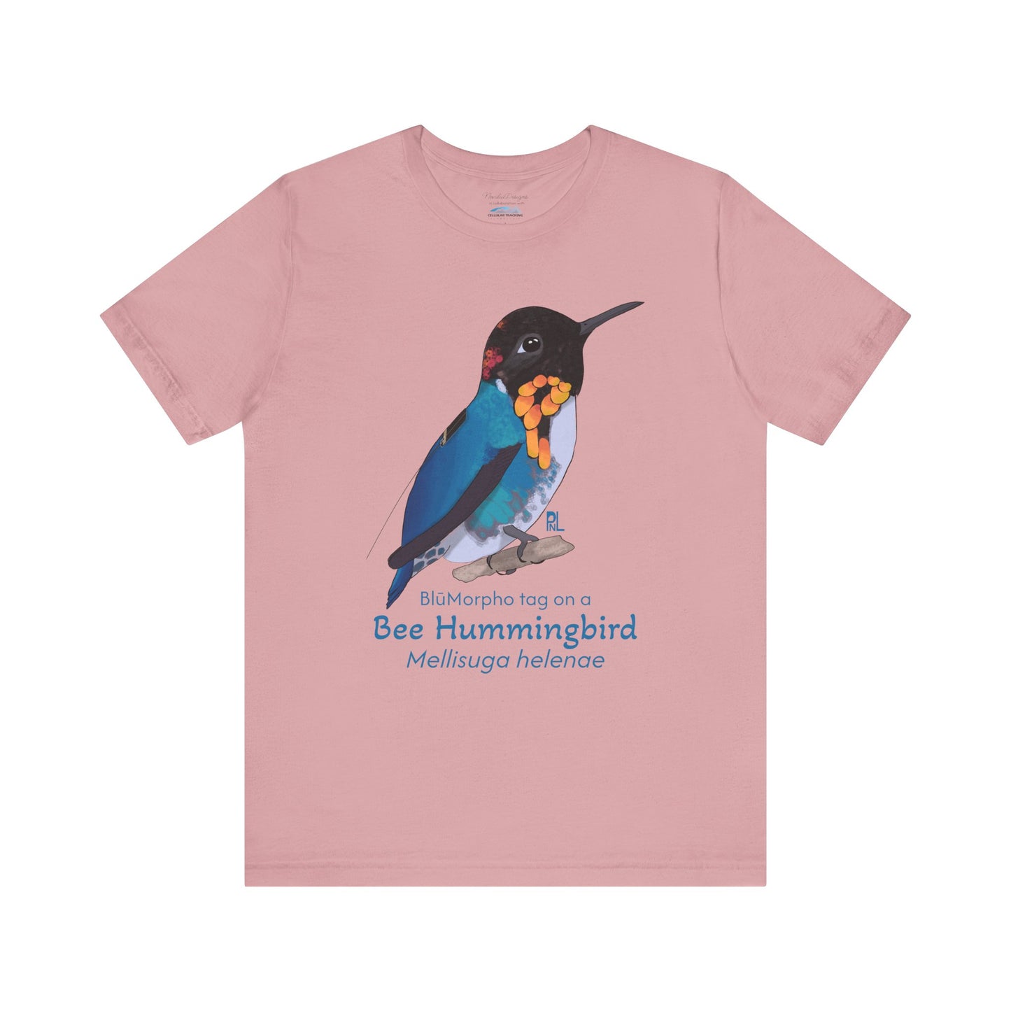 light Pink t-shirt with a colorful bee hummingbird illustration and text on a white background
