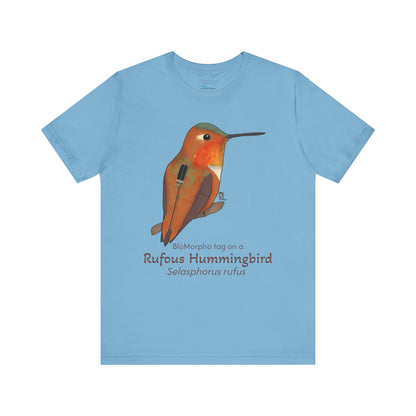 Light blue t-shirt with a Rufous Hummingbird illustration and text on a white background
