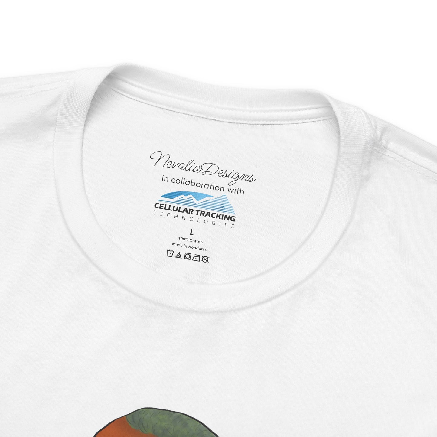 White t-shirt inner neck label with branding text and logo on a white background