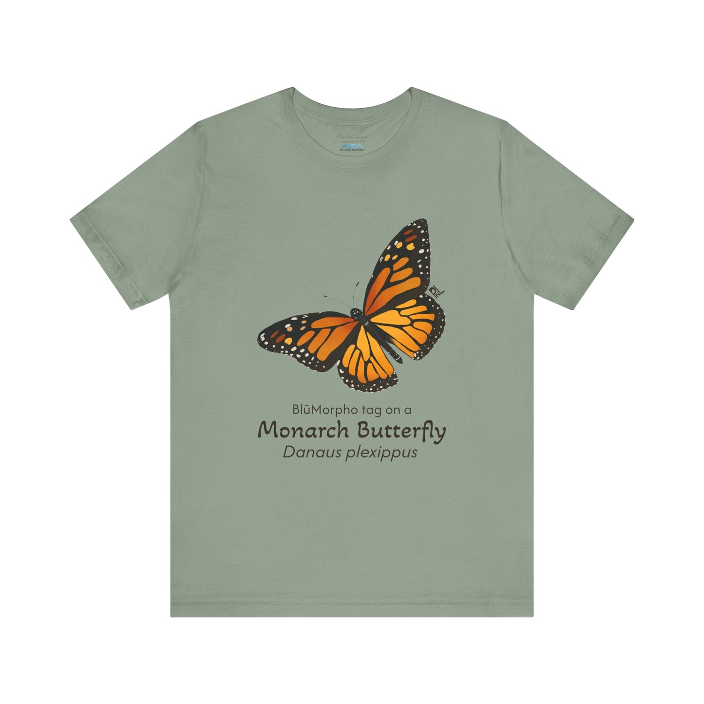sage Green t-shirt with a monarch butterfly illustration and text on a white background