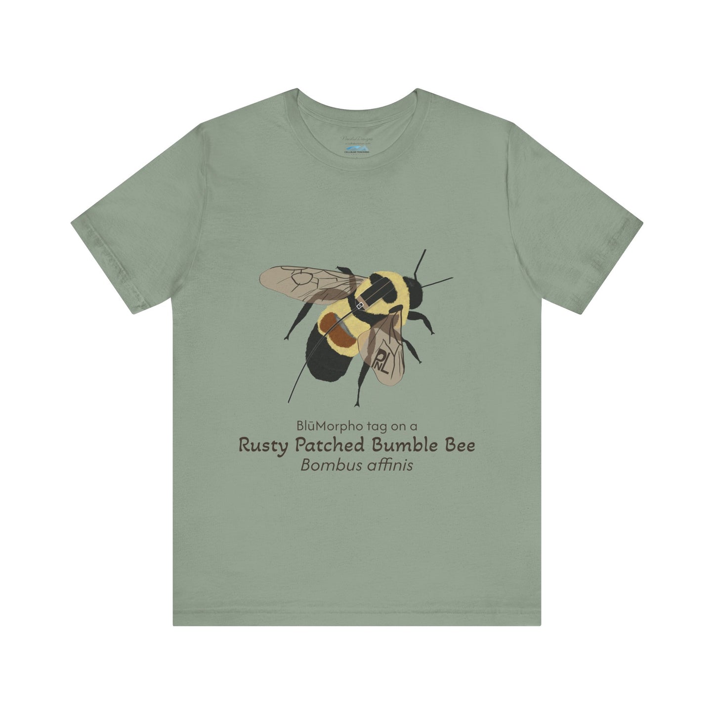 sage Green t-shirt with a rusty patched bumble bee illustration and text on a white background