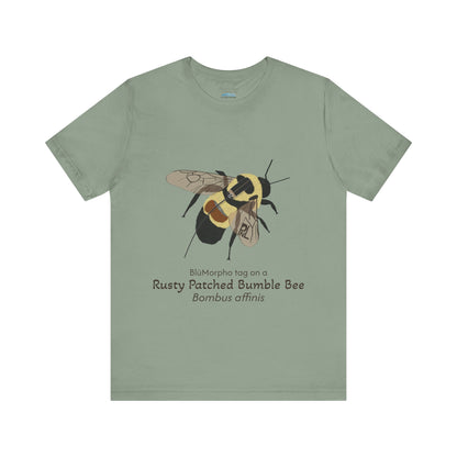 sage Green t-shirt with a rusty patched bumble bee illustration and text on a white background