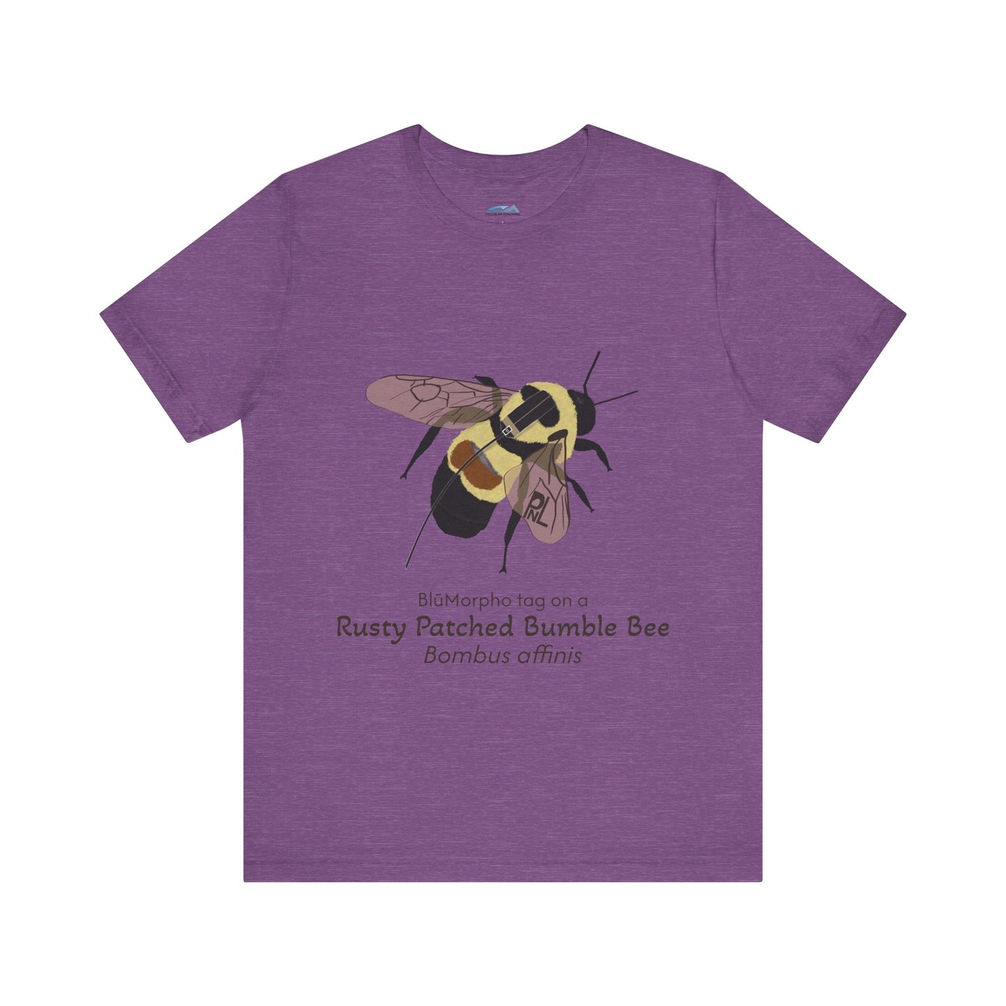 Purple t-shirt with a rusty patched bumble bee illustration and text on a white background