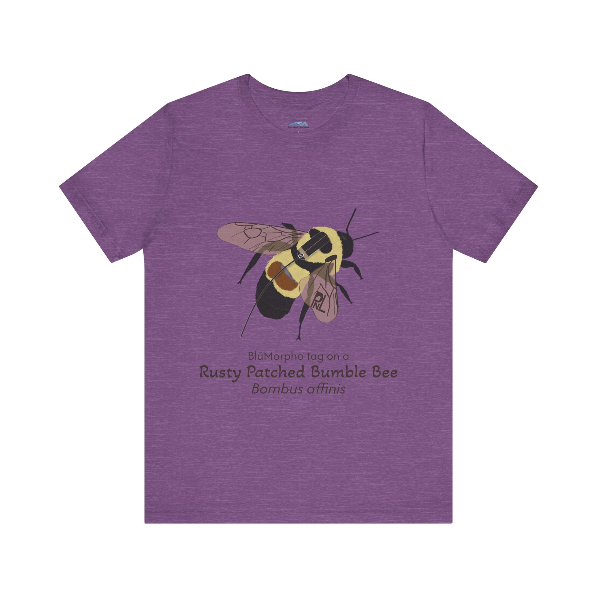 Purple t-shirt with a rusty patched bumble bee illustration and text on a white background