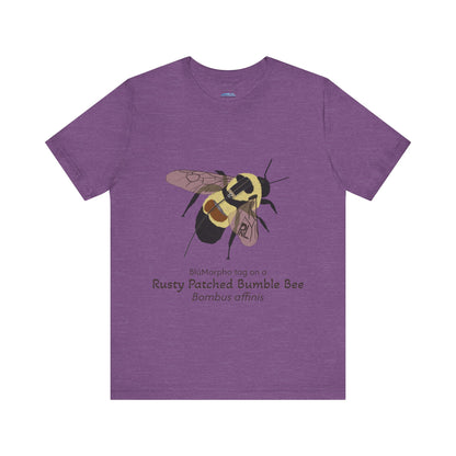 Purple t-shirt with a rusty patched bumble bee illustration and text on a white background