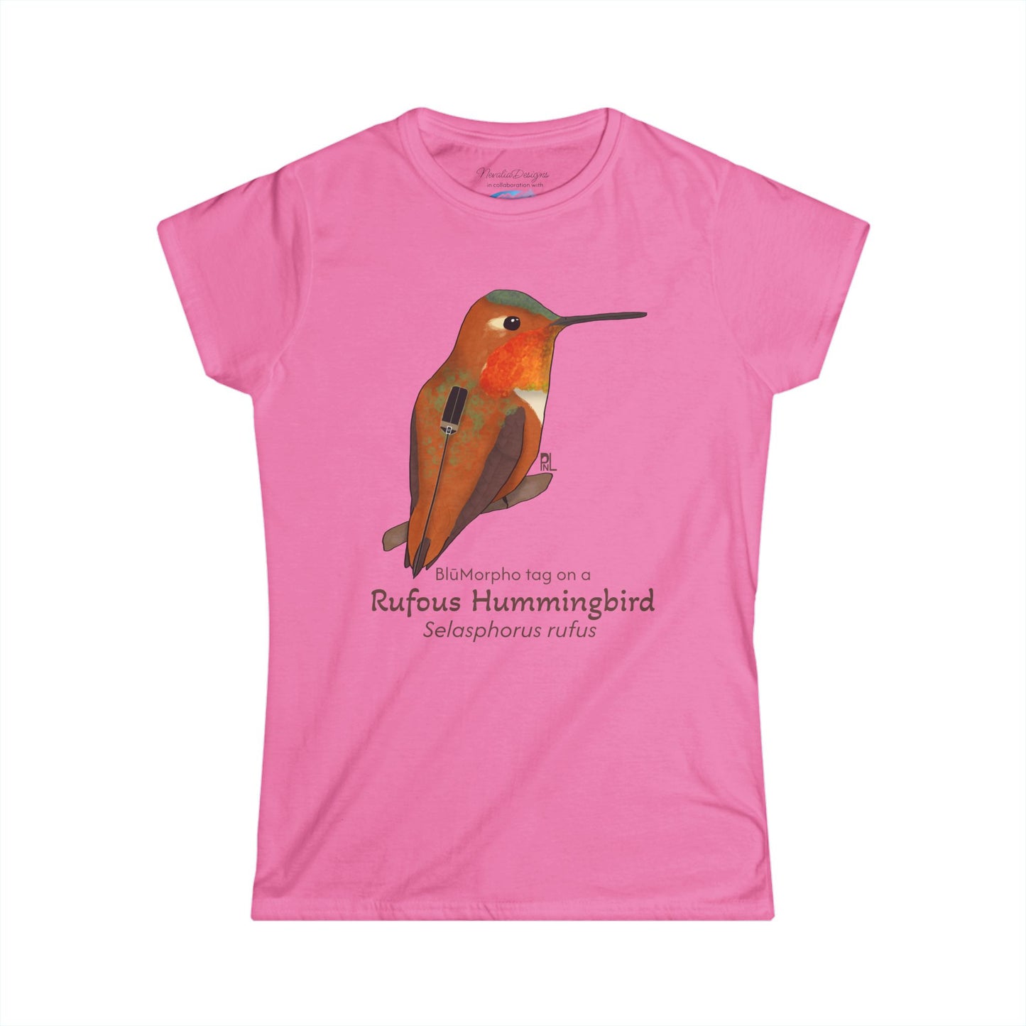 Pink t-shirt with a rufous hummingbird illustration and text on a white background