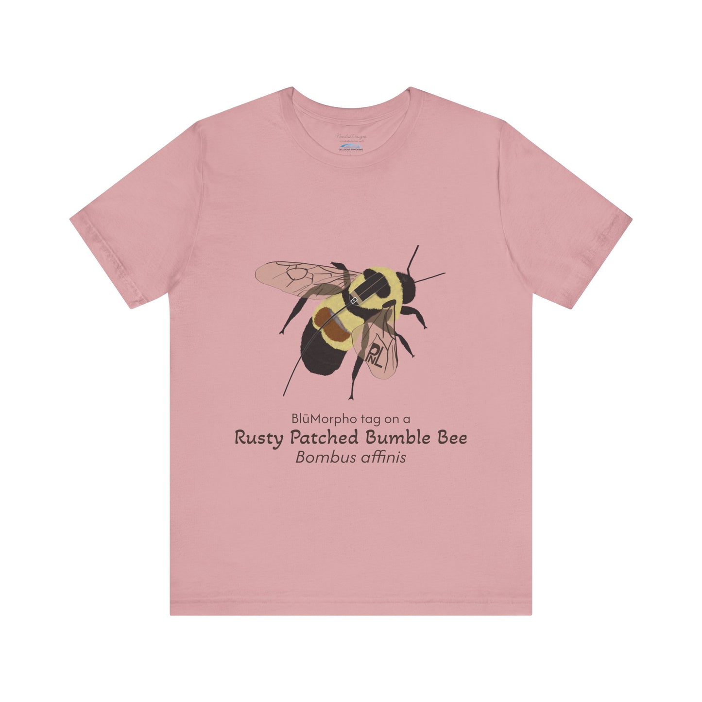 light Pink t-shirt with a rusty patched bumble bee illustration and text on a white background