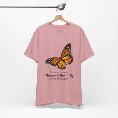 light Pink t-shirt with a monarch butterfly illustration and text on a white background