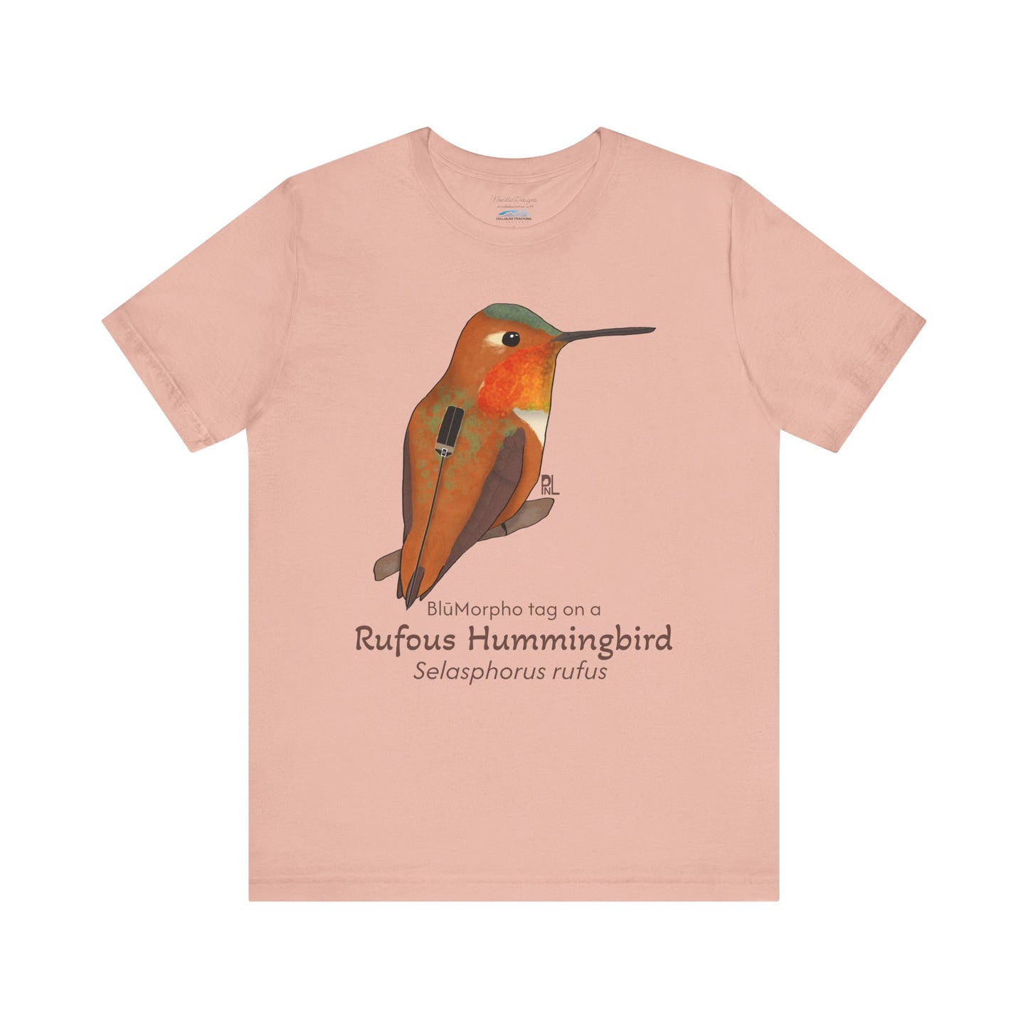 light orange t-shirt with a Rufous Hummingbird illustration and text on a white background