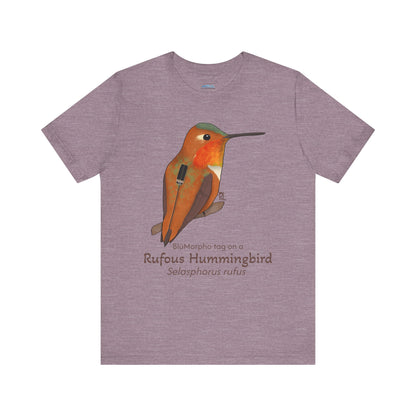 Purple t-shirt with a Rufous Hummingbird illustration and text on a white background