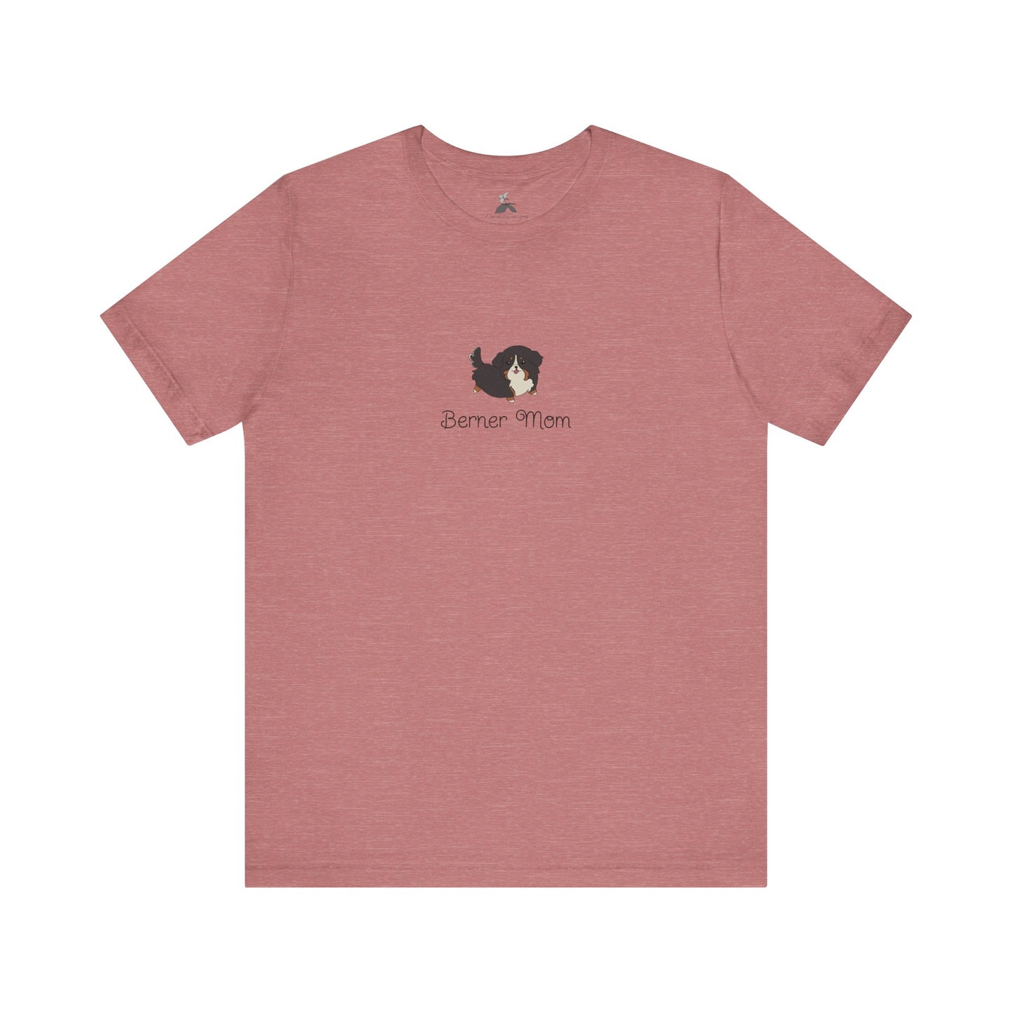 Maroon t-shirt with with a kawaii dog illustration and 'Berner Mom' text on a white background