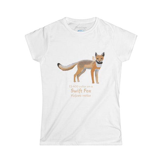White t-shirt with a swift fox illustration and text on a white background