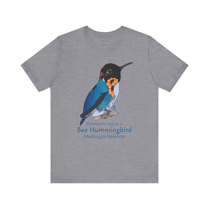 Gray t-shirt with a colorful bee hummingbird illustration and text on a white background