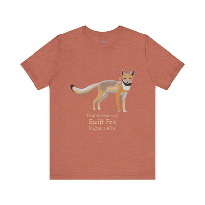 rusty orange t-shirt with a swift fox illustration and text on a white background