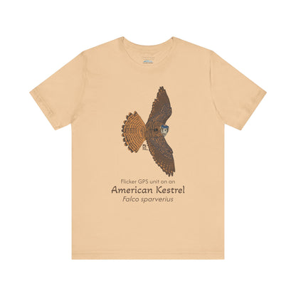 light yellow t-shirt with an American Kestrel illustration and text on a white background