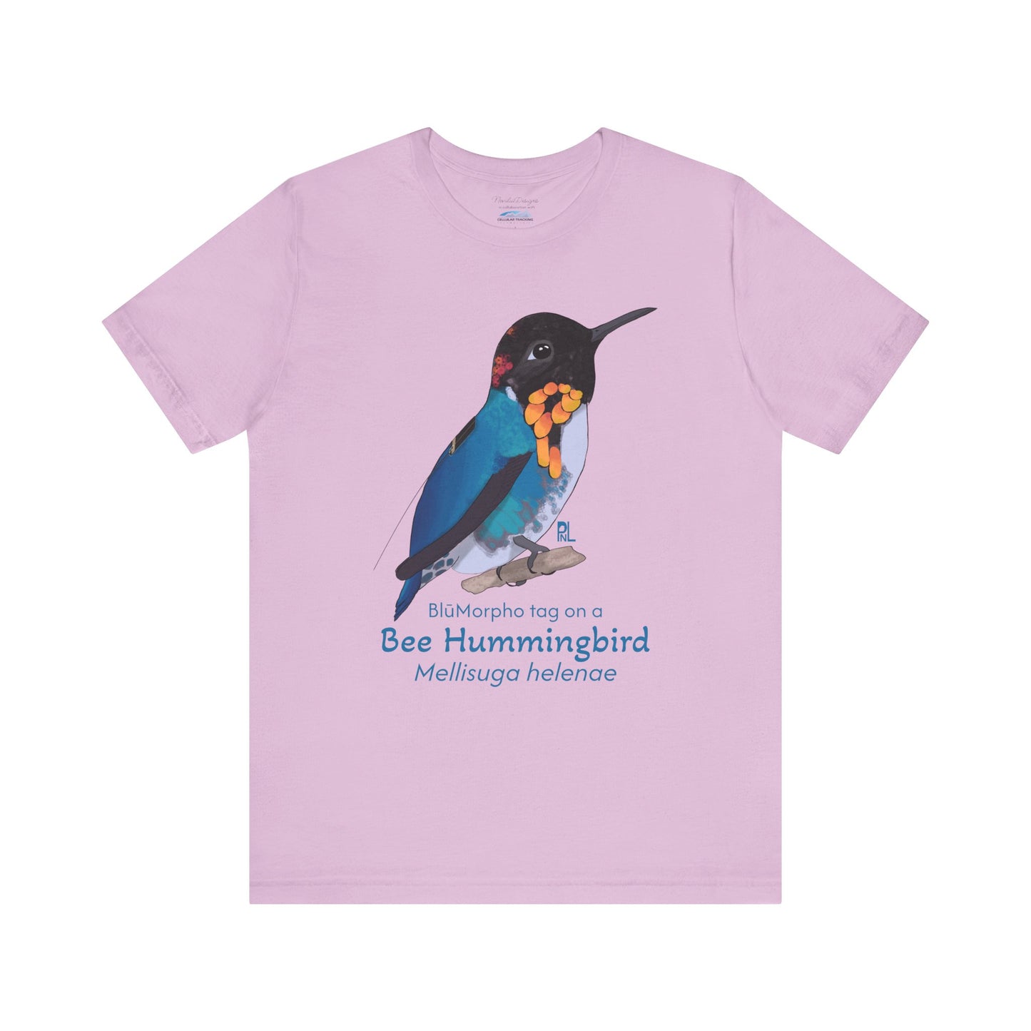 light purple t-shirt with a colorful bee hummingbird illustration and text on a white background