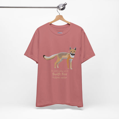 mauve t-shirt with a swift fox illustration and text on a white background