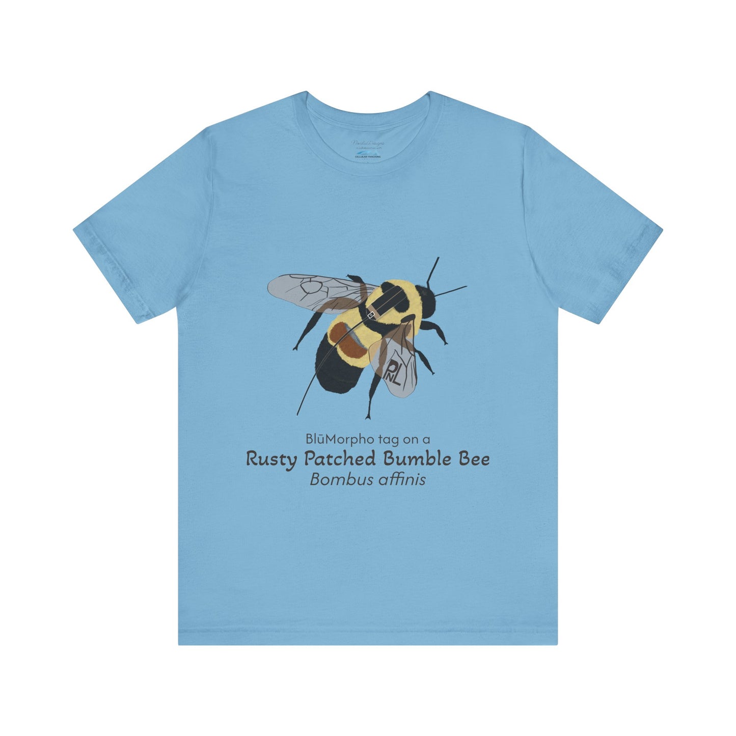 Light blue t-shirt with a rusty patched bumble bee illustration and text on a white background