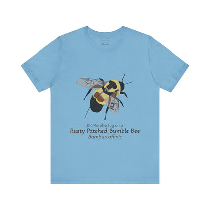 Light blue t-shirt with a rusty patched bumble bee illustration and text on a white background