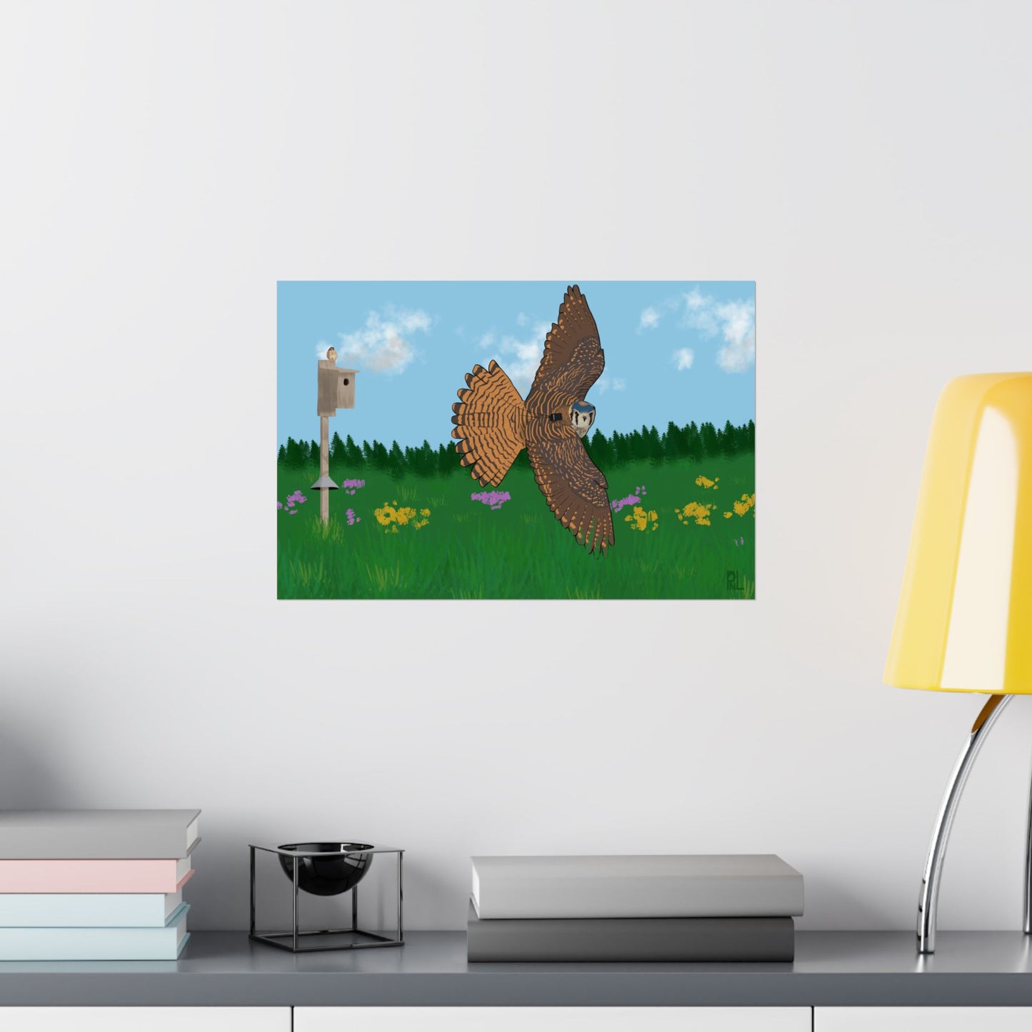 a poster of an American Kestrel flying over a field with flowers and a nest box with a blue sky and forest, on a wall above a shelf.