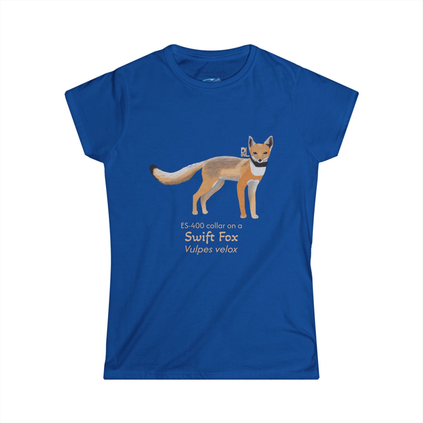 Blue t-shirt with with a swift fox illustration and text on a white background