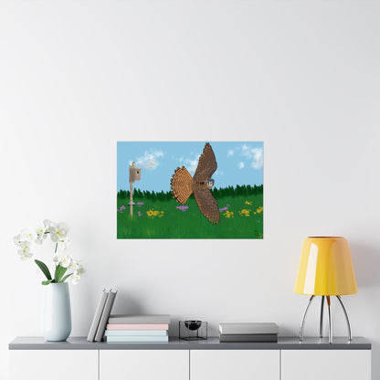 A poster of an American Kestrel flying over a field with flowers and a nest box with a blue sky and forest, on a white wall above a shelf.