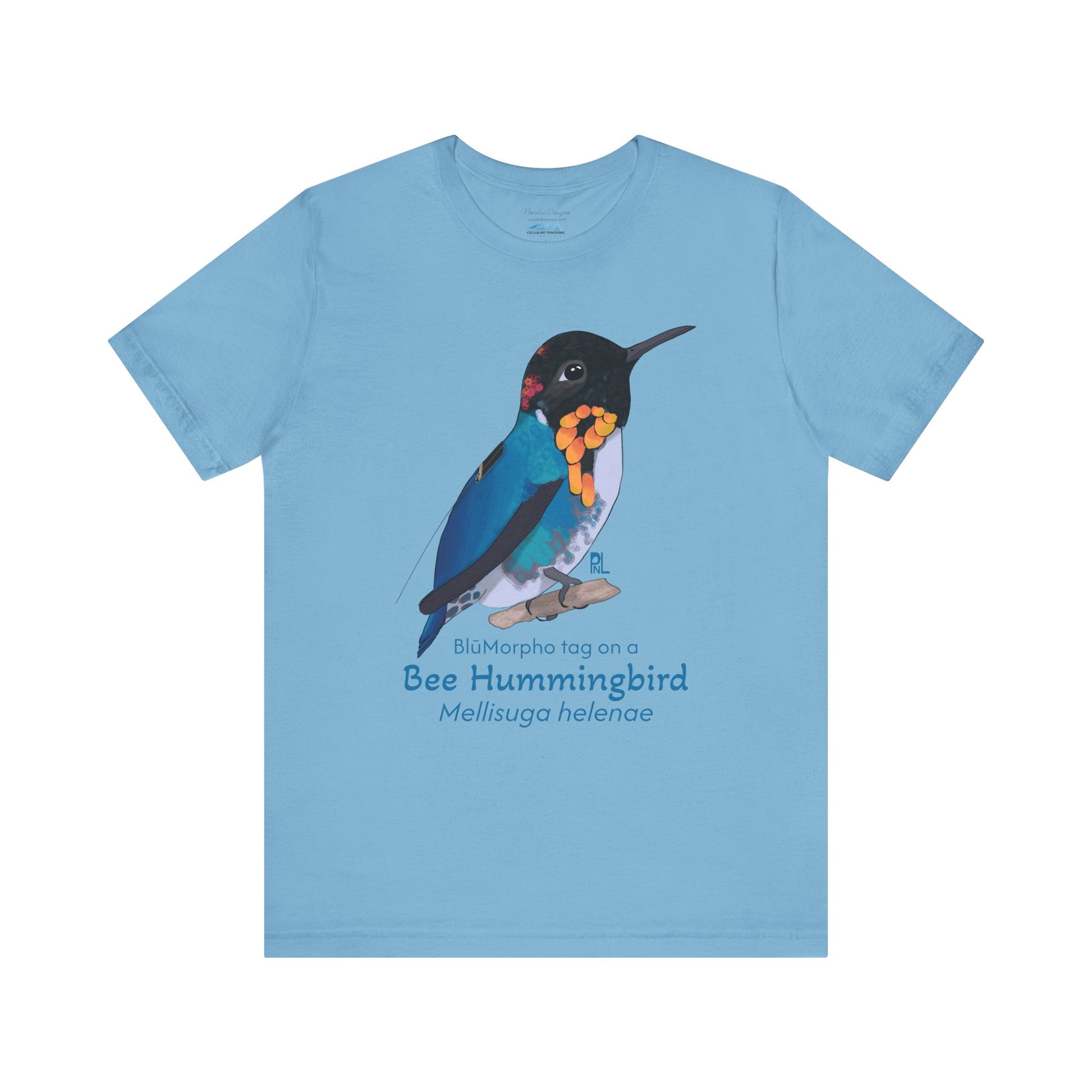 Light blue t-shirt with a colorful bee hummingbird illustration and text on a white background