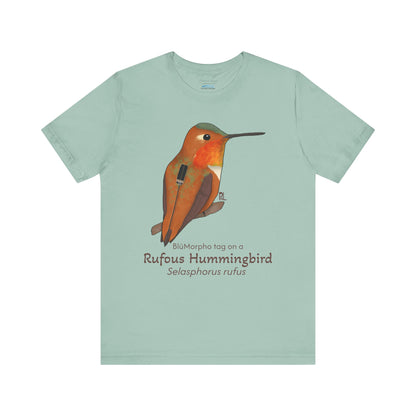Light green t-shirt with a Rufous Hummingbird illustration and text on a white background
