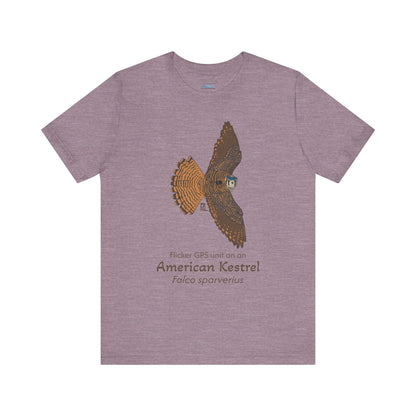 light Purple t-shirt with an American Kestrel illustration and text on a white background